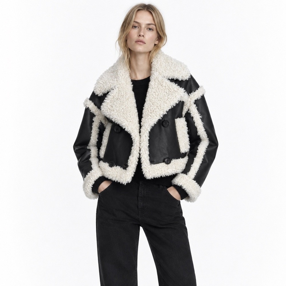 Stand Studio Kristy Jacket Women 34 Black Faux Shearling Aviator Cropped B3 Coat